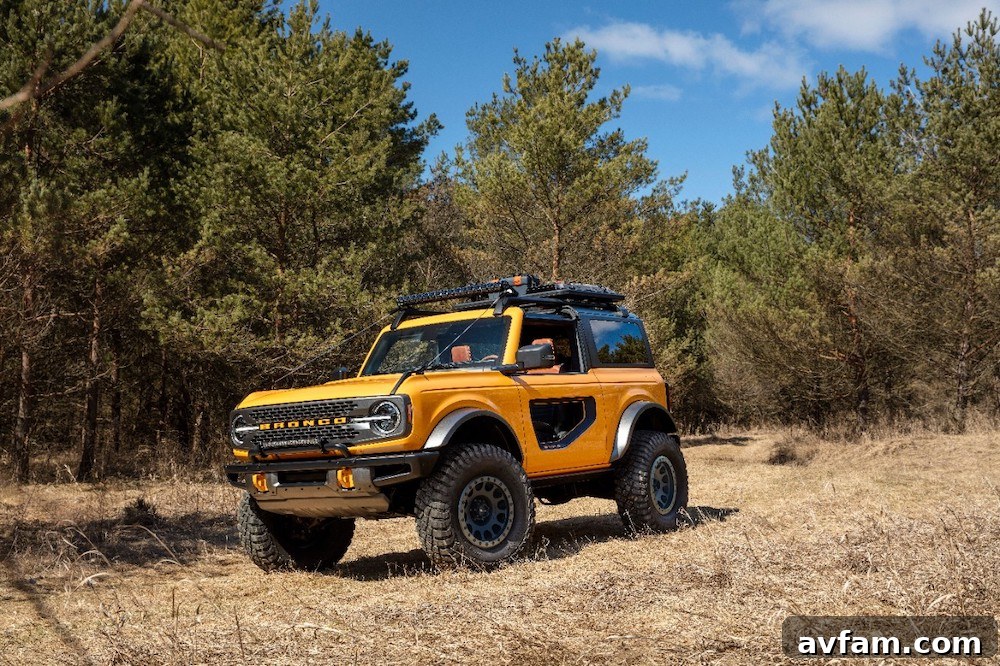 The Ford Bronco's interior, highlighting the large infotainment screen and durable materials.