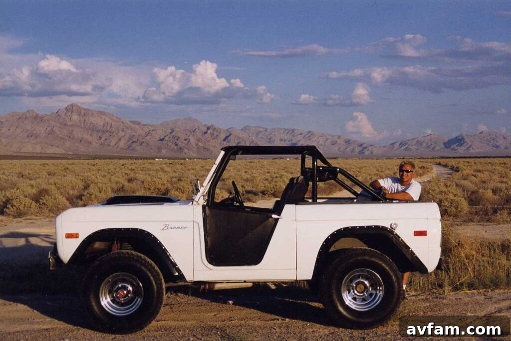 A side profile view of the classic Ford Bronco, highlighting its timeless design.
