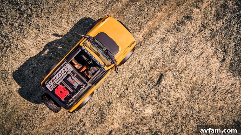 Rear quarter view of the Ford Bronco, showing its robust stance.