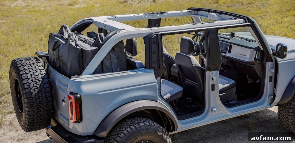 Close-up of the Ford Bronco's exterior door handle and removable door design.
