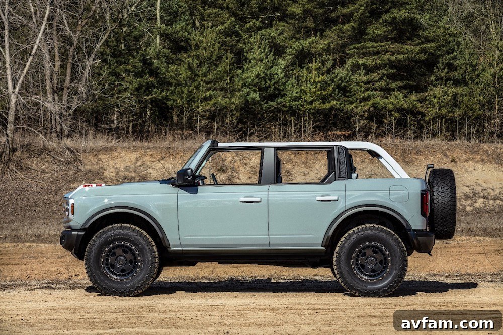 A close-up of the Ford Bronco's distinctive front grille and headlights.