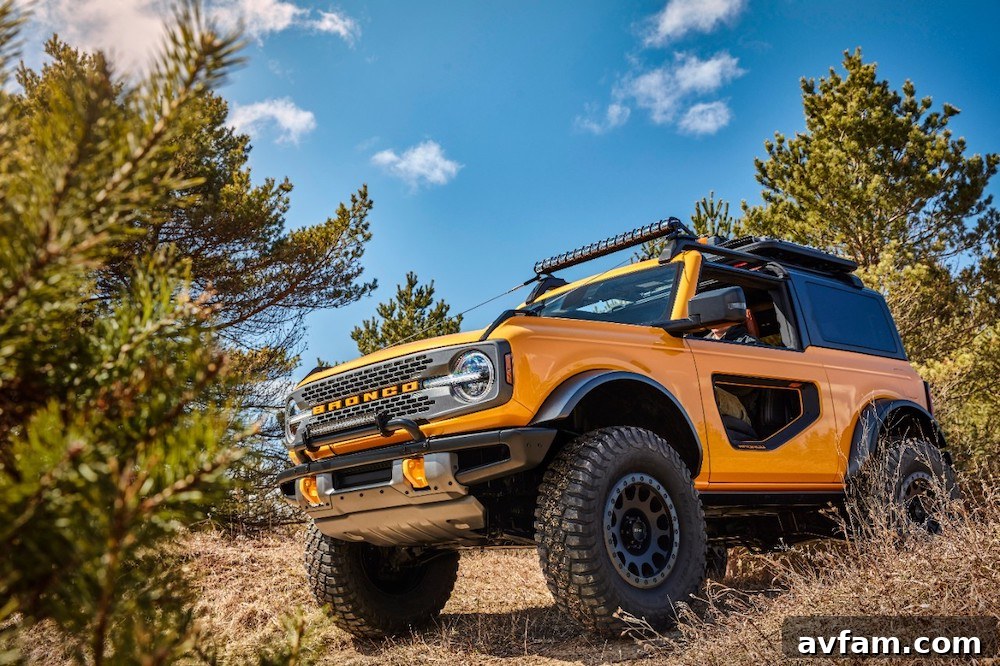 The Ford Bronco navigating a challenging rocky ascent, showcasing its 35-inch tires.