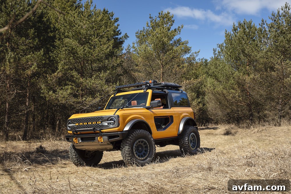 A detailed shot of the Ford Bronco's aggressive tread pattern on its 35-inch tires.