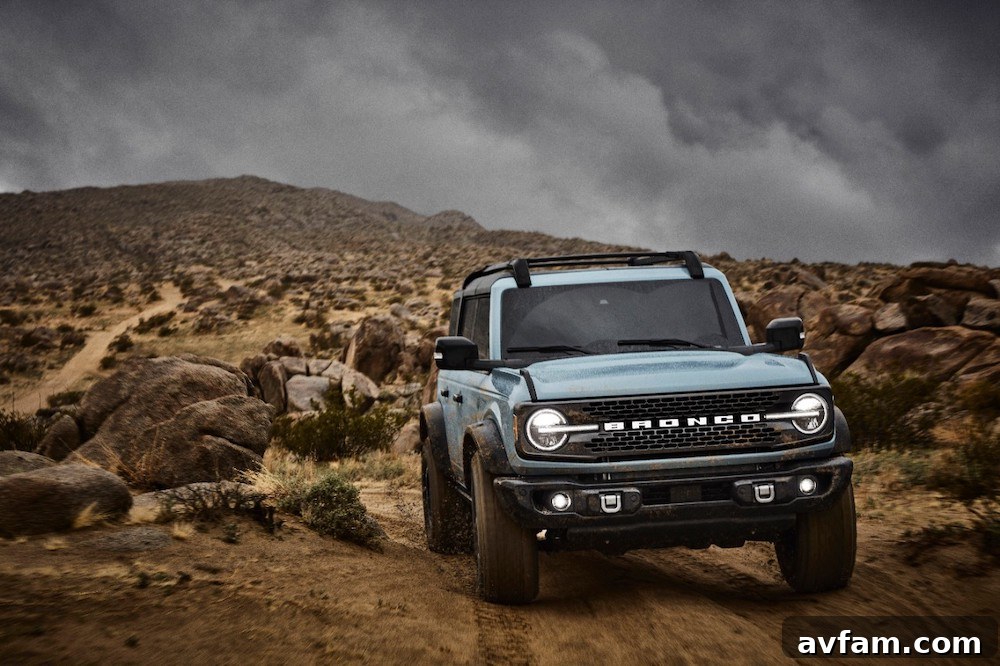 The Ford Bronco's interior, showing the central infotainment screen with off-road features.