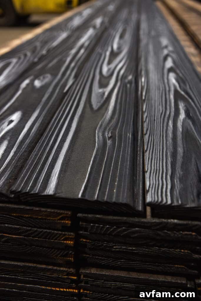 Vertical charred wood siding on a contemporary building with a distinctive roofline.