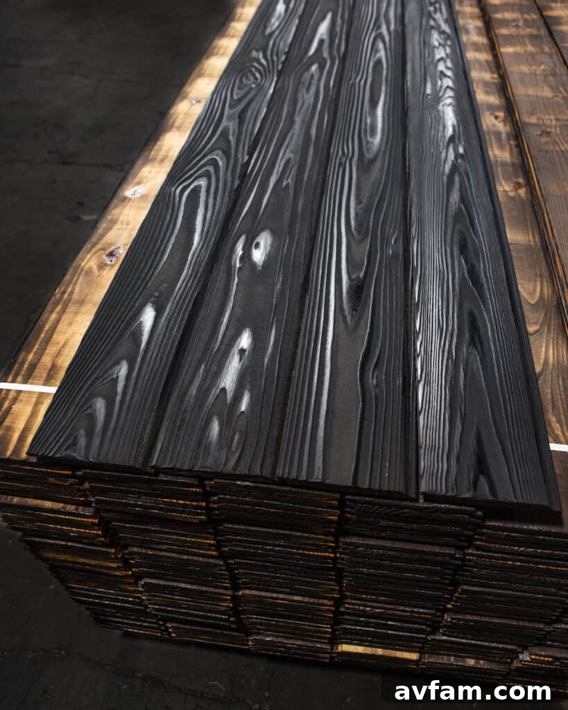 Architectural detail of charred wood siding contrasting with clean white walls.