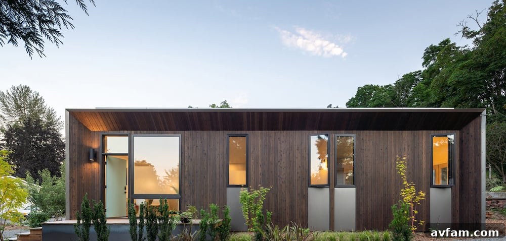 Exterior facade showing a dynamic arrangement of charred wood panels.