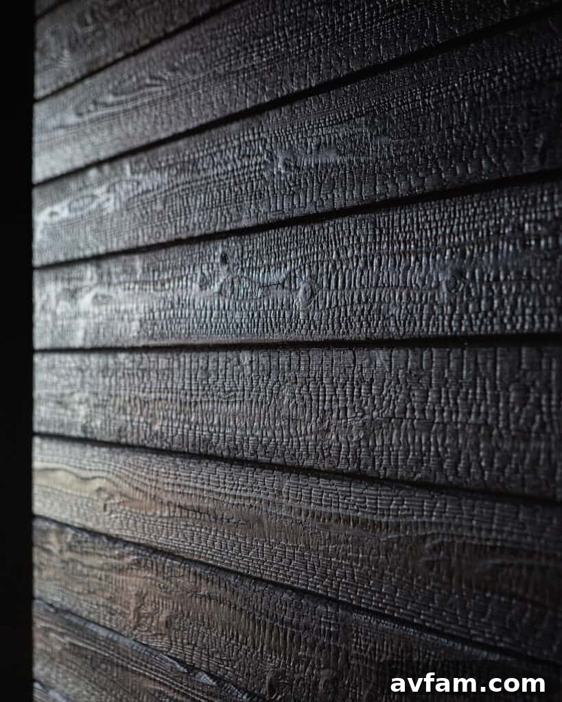Tall modern structure clad in dark charred wood, offering a striking silhouette.