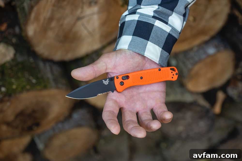 Custom Benchmade Bugout knife with personalized handle and blade options through the Custom Shop