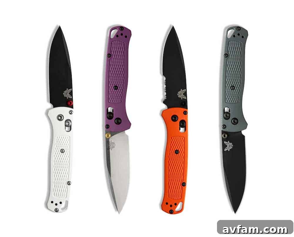 Close-up of a customized Benchmade Bugout blade steel options and thumb stud colors available