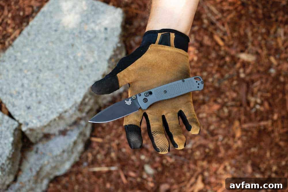 Assortment of colorful Benchmade Bugout knife handle scales, showcasing Grivory and G10 materials