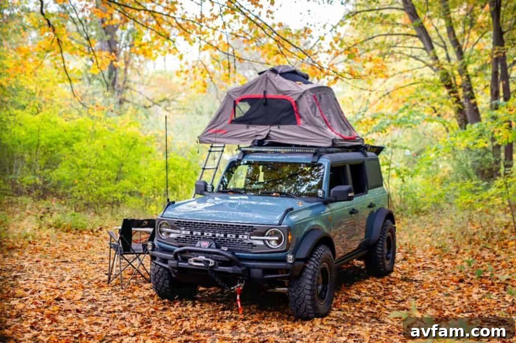 Front view of the Ford Bronco Overland concept highlighting its winch and bumper.