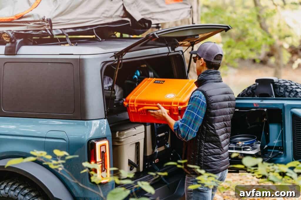 Rear view of the Bronco Overland concept showing the rooftop tent and additional lighting.