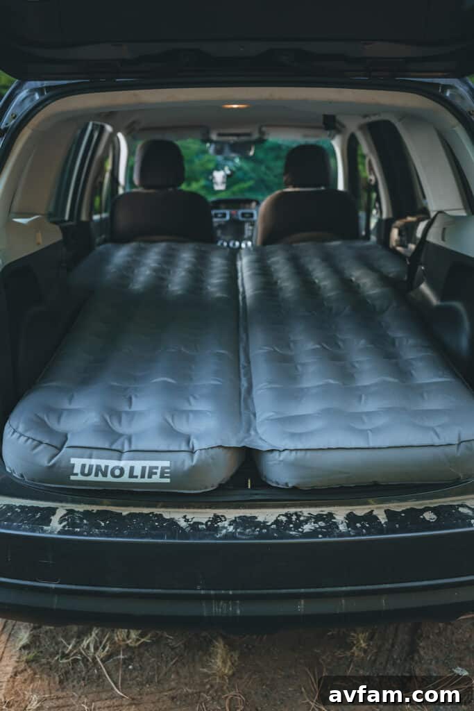 Overhead view of Luno Air Mattress inside a vehicle, showcasing its spaciousness and custom fit for optimal sleeping comfort