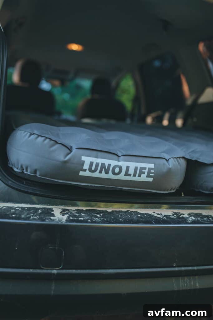 Detail shot of Luno Air Mattress valve and material, emphasizing quality and ease of inflation for vehicle camping