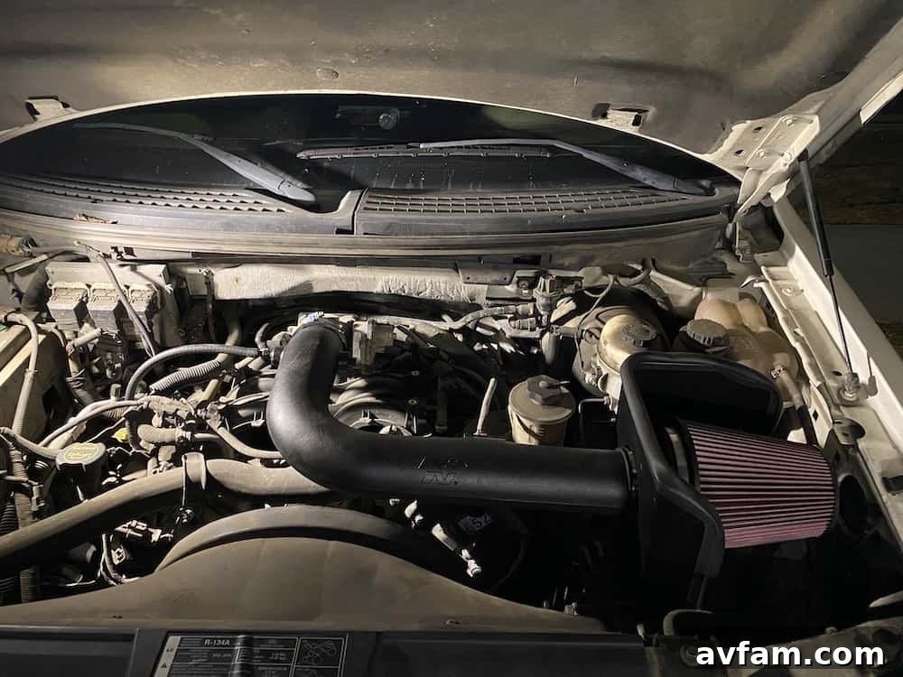 Installed K&N Cold Air Intake The sleek and compact K&N cold air intake system installed in the F-150 engine bay.