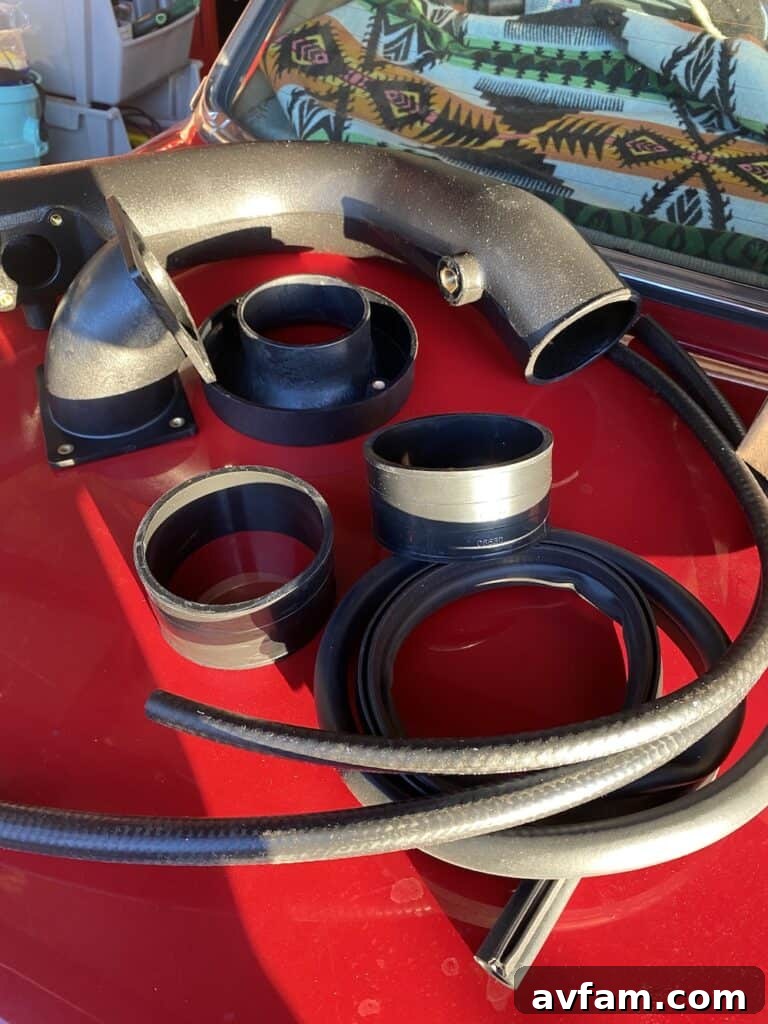 K&N Installation Hardware Various pieces of hardware and clamps included in the K&N cold air intake kit.