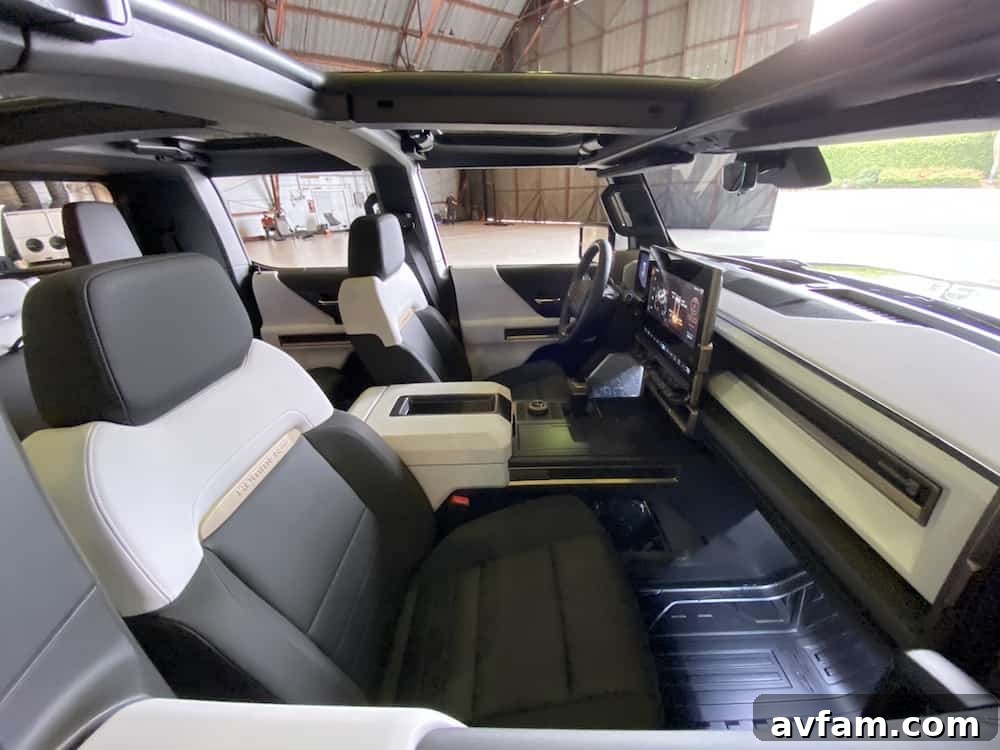 The GMC Hummer EV's interior with the removable Sky Panels removed.