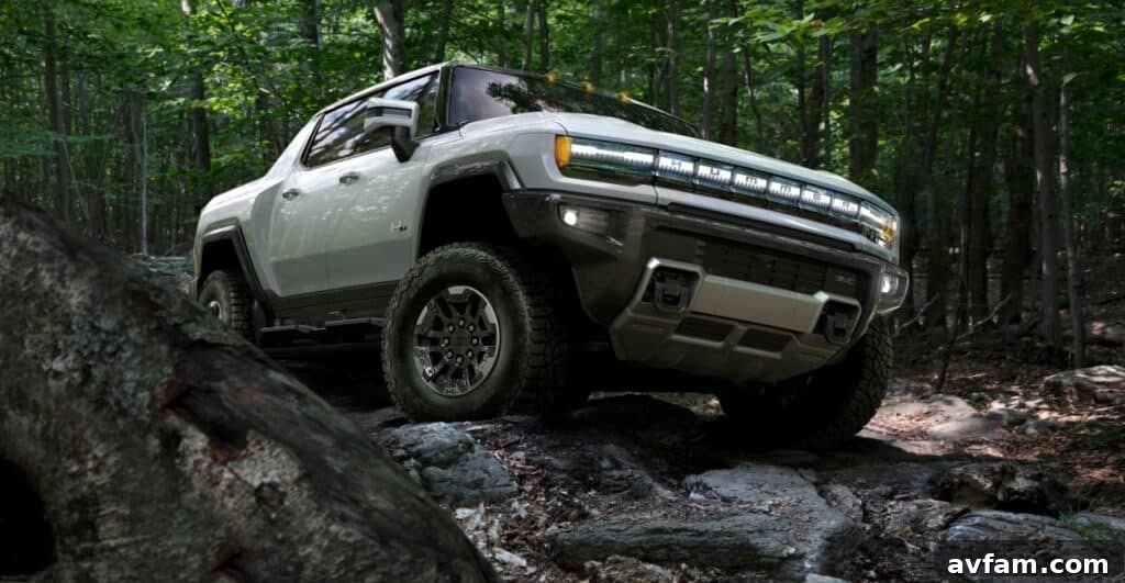 The front fascia of the GMC Hummer EV, with distinctive lighting.