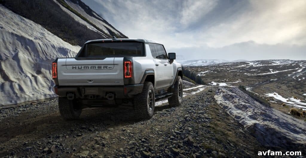 The GMC Hummer EV's bold front design.