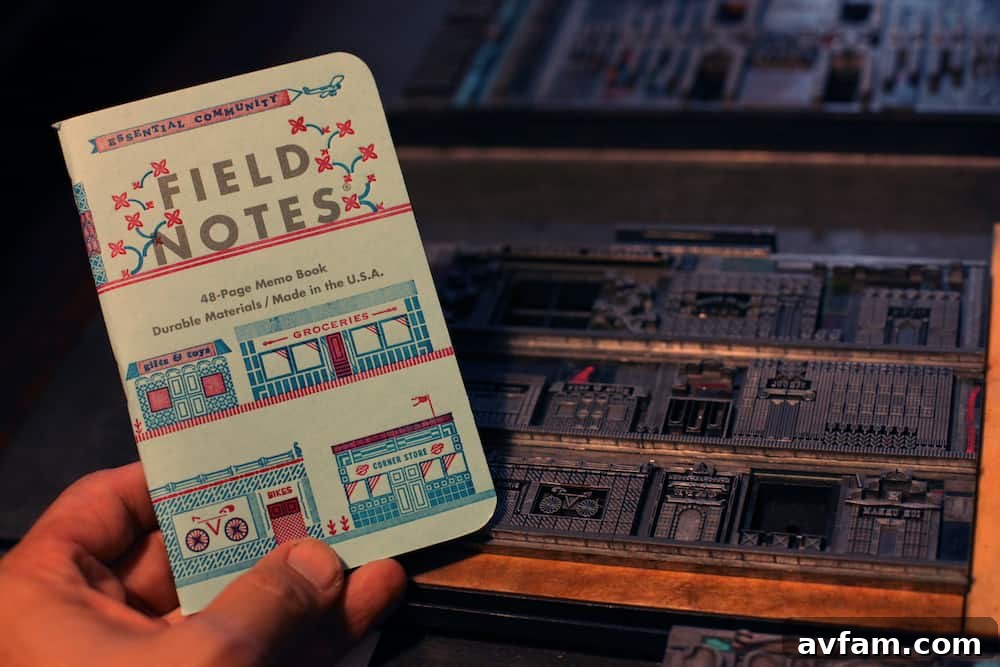 Field Notes Pack A Designs Three Field Notes memo books from Pack A of the United States of Letterpress edition, displaying unique letterpress designs from Genghis Kern, Full-Cirle Press, and Mama’s Sauce.