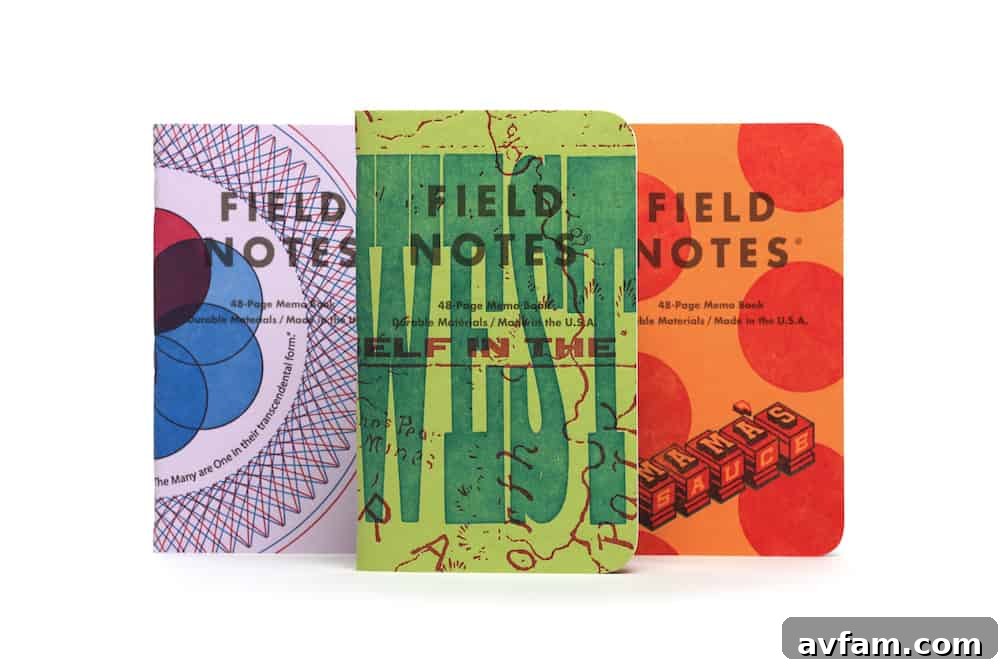 Field Notes Pack C Designs Three Field Notes memo books from Pack C of the United States of Letterpress edition, displaying unique letterpress art from Erin Beckloff, Rick Griffith, and Starshaped Press.