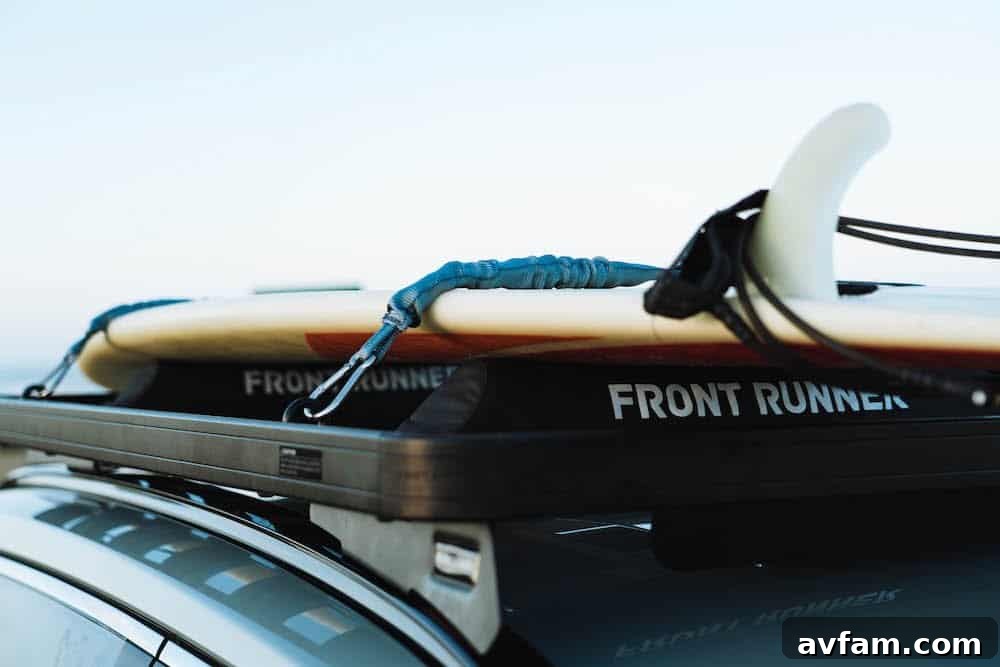 Close-up of Front Runner eye-rings and Stratchits securing gear to a roof rack