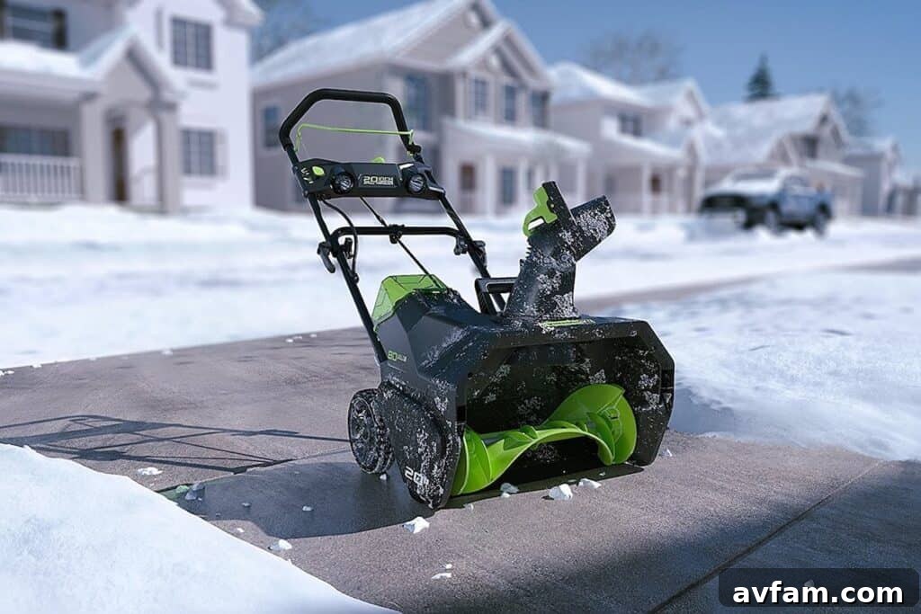 Greenworks cordless snow blower in action