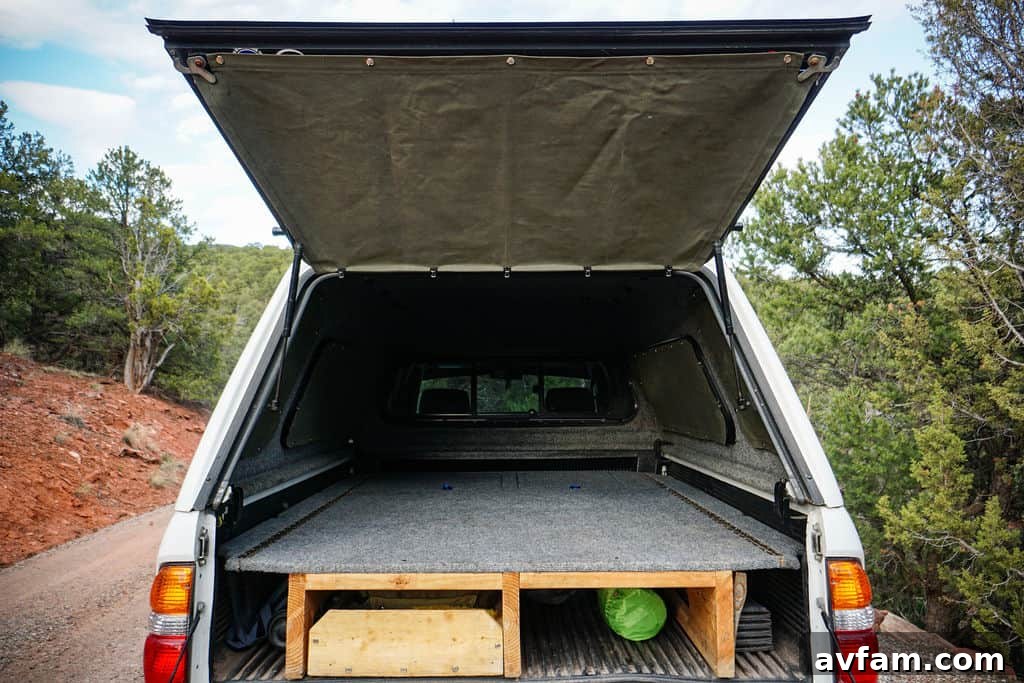 Close-up of a waxed duck canvas privacy cover installed in a truck cap.