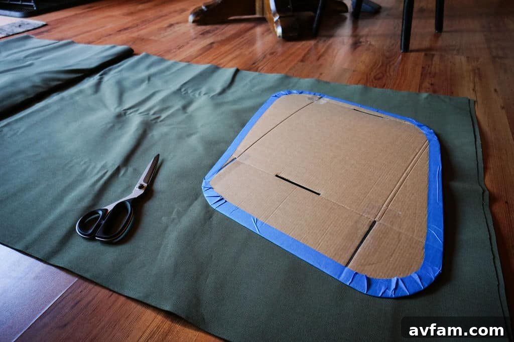 Various stages of making the duck canvas privacy covers: tracing templates.