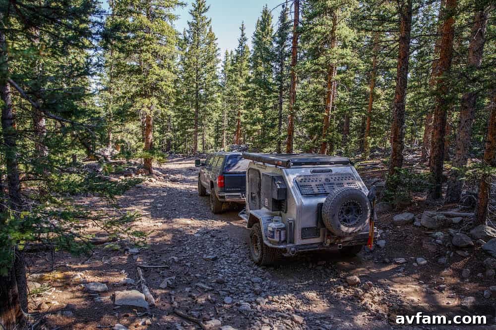 Vorsheer off-road trailer parked at a campsite, showcasing its rugged build and portability