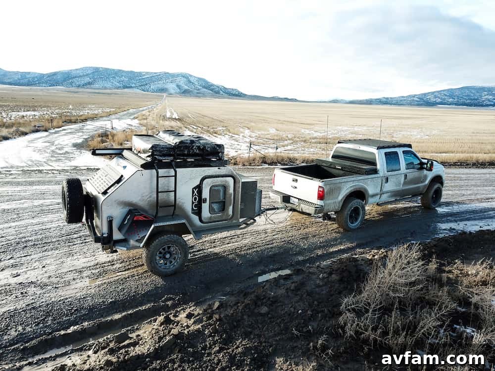 The Vorsheer XOC trailer ready for adventure, with an awning deployed for shade