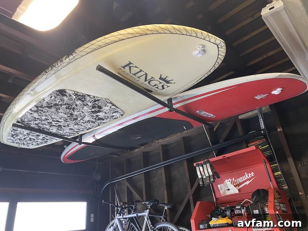 Durable hanging garage surfboard rack supporting multiple boards