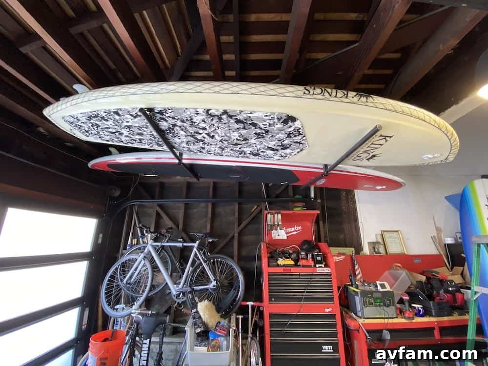 Before and after: Surfboards stored outdoors versus a clean, organized garage