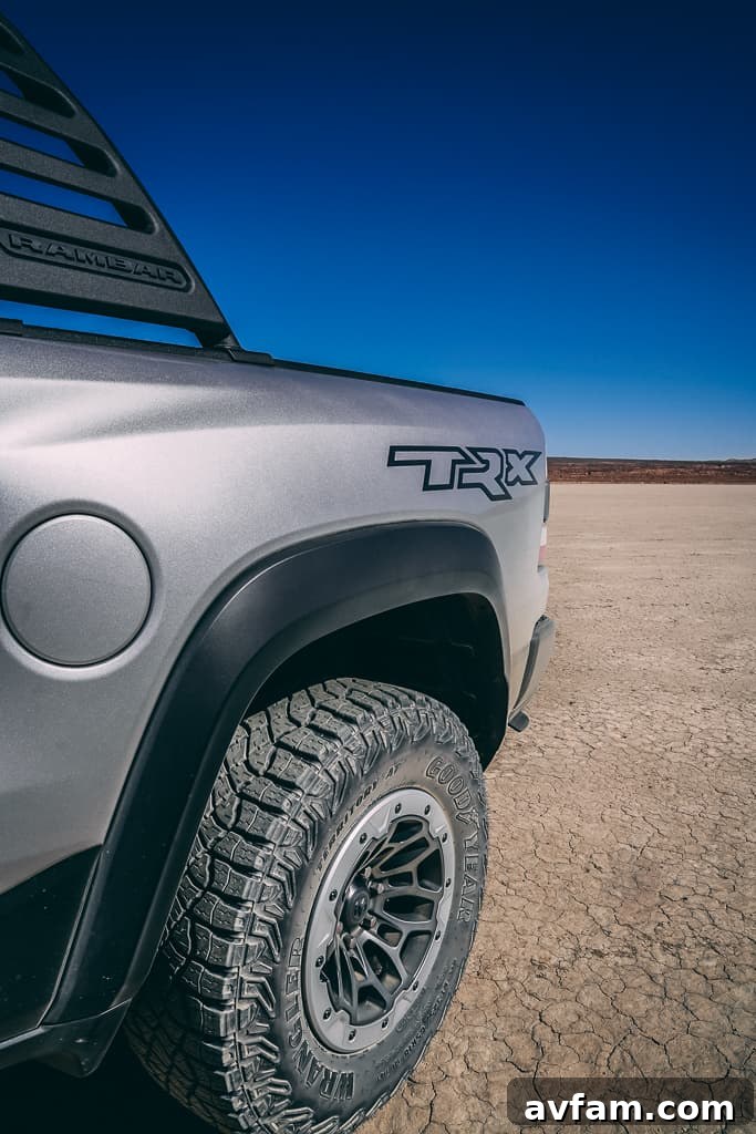 TRX Hood Detail Detail shot of the Ram TRX's distinctive hood scoop and badging.