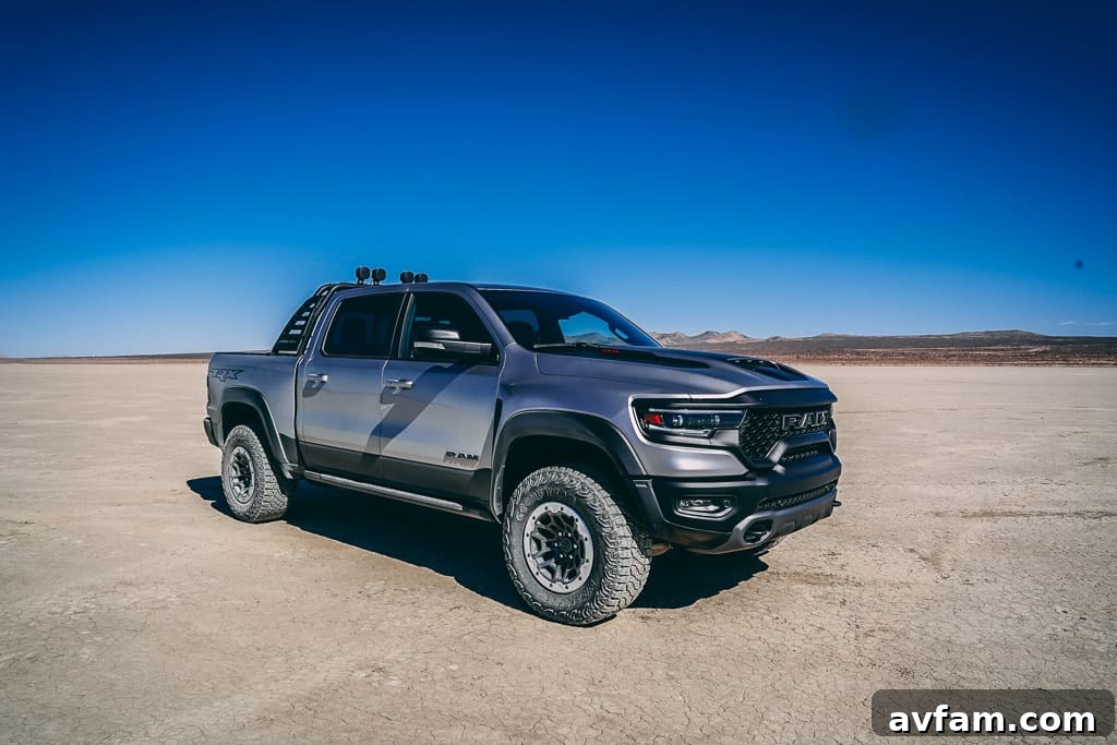 TRX Empty Dirt Road Ram TRX driving on a wide, empty dirt road.