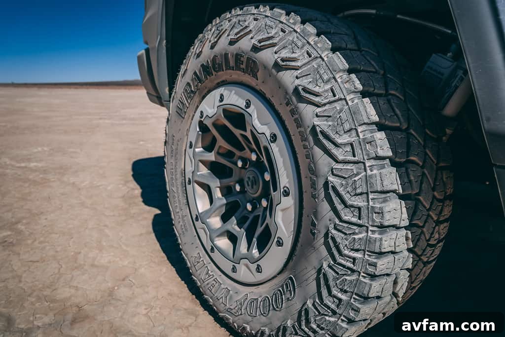 TRX Rugged Desert Terrain Ram TRX in a desert setting with rugged terrain.