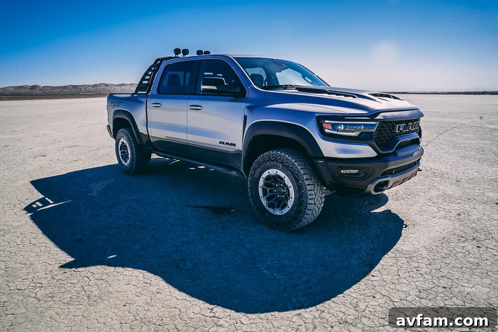 TRX Suspension in Action Side profile of the Ram TRX in motion, showing its suspension flex over uneven ground.