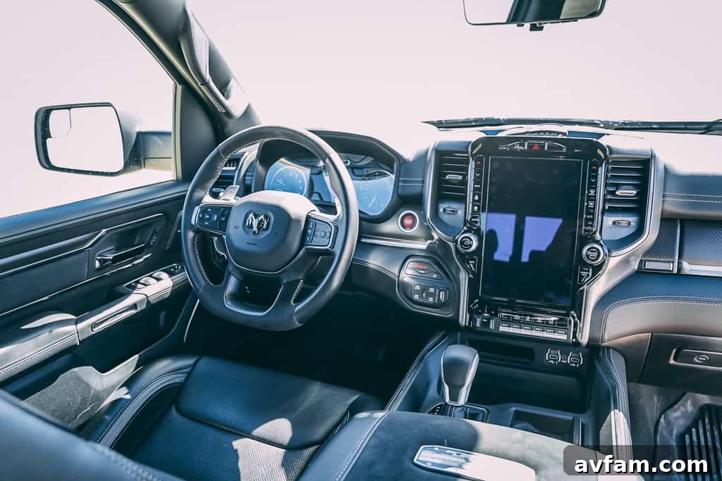 TRX Steering Controls Ram TRX interior, focusing on the steering wheel and controls.