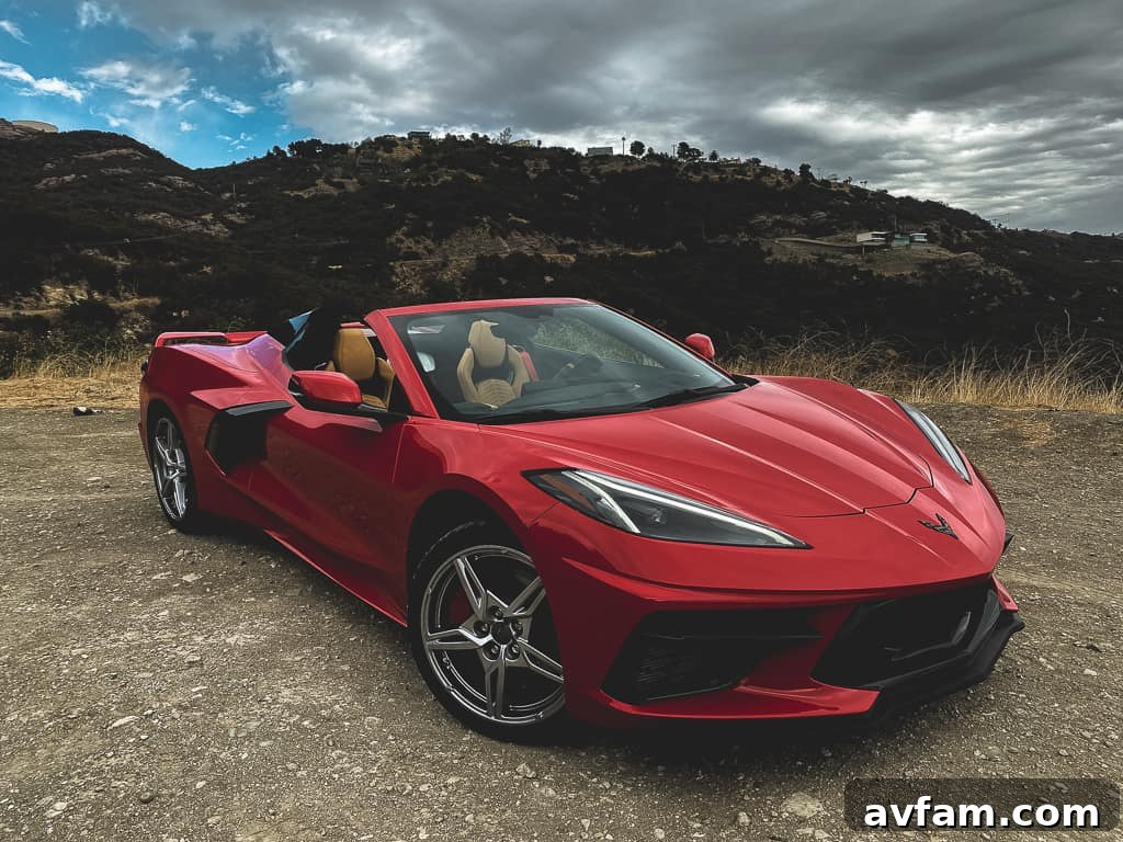 Rear profile of the C8 Convertible, emphasizing its distinctive quad exhaust tips and aggressive diffuser.