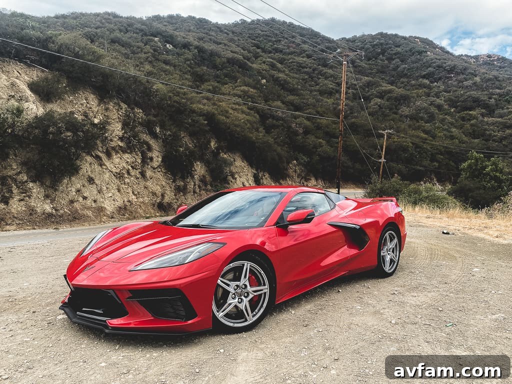 The C8 Convertible parked with a blurred scenic background, emphasizing its striking presence.