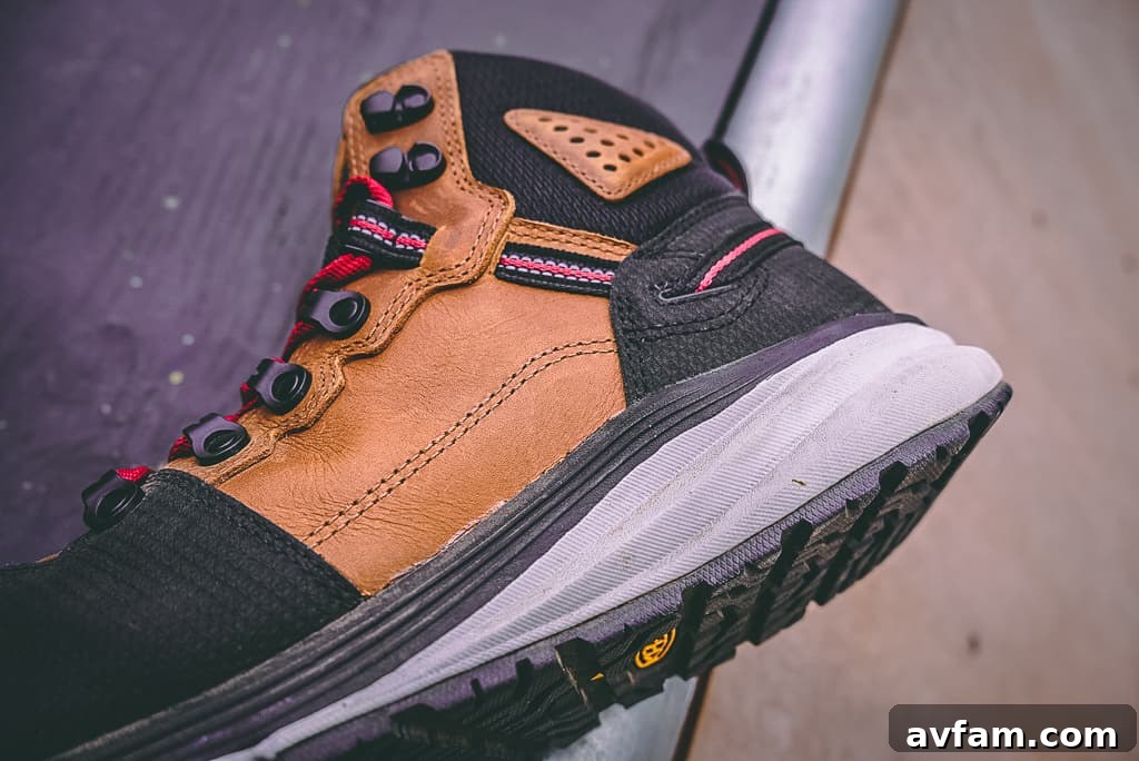 Close-up of lightweight Keen Red Hook work boot
