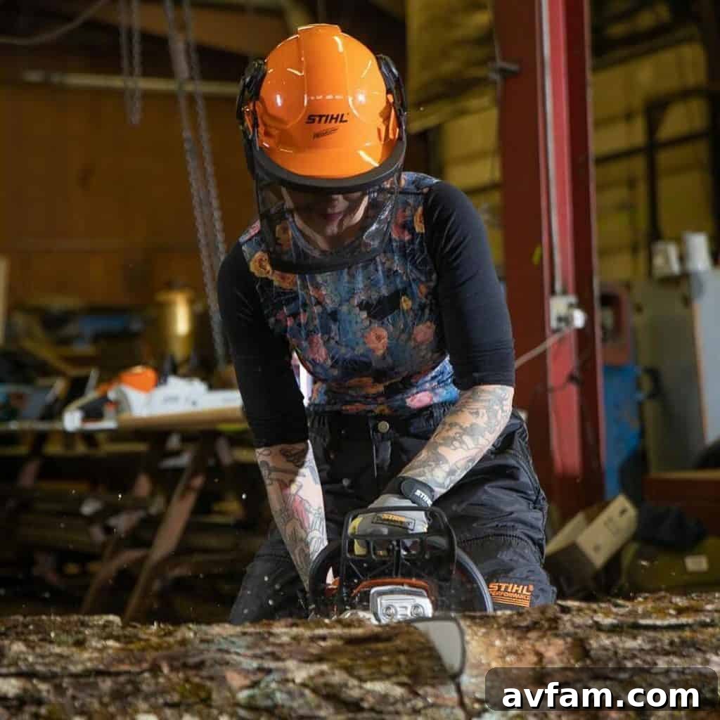Griffon Ramsey demonstrating chainsaw carving at a Stihl event, showcasing the skill and focus required to sculpt wood with power tools. The image captures the dynamic nature of her live performances.