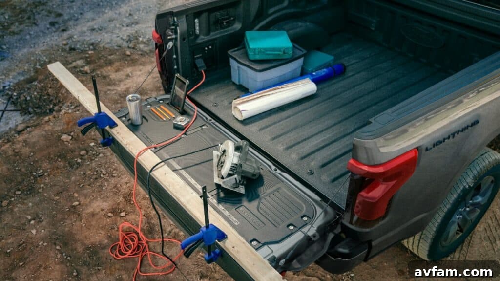 Overhead view of the Ford F-150 Lightning, highlighting its spacious bed.