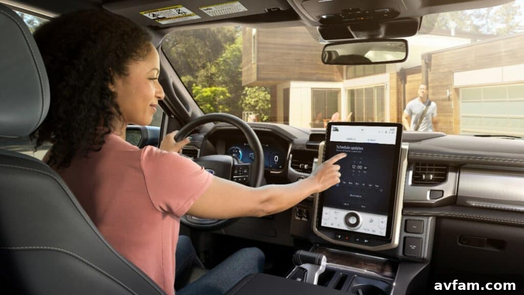 Interior view of the F-150 Lightning's dashboard, with the large screen prominent.