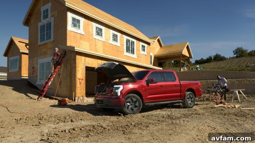 Ford F-150 Lightning being driven on a paved road, showcasing its on-road presence.