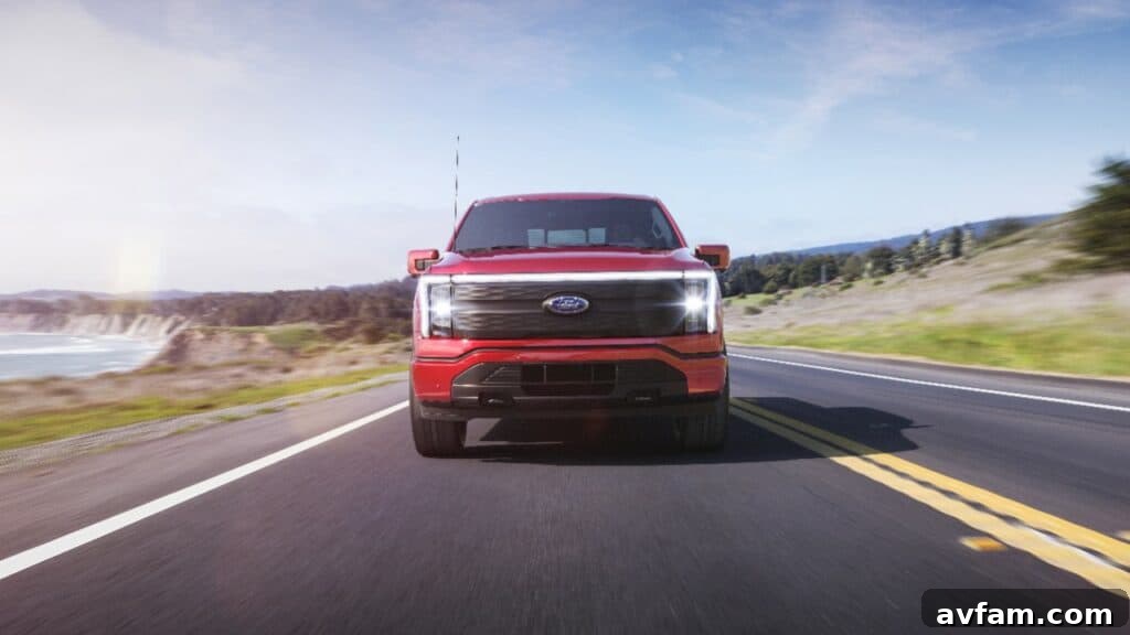 Side profile of the Ford F-150 Lightning, showing its robust and classic truck silhouette.