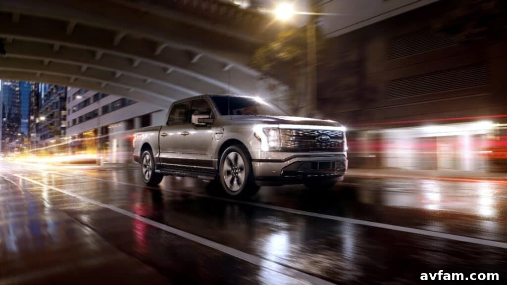 Rear view of the Ford F-150 Lightning, showcasing its modern taillight design.