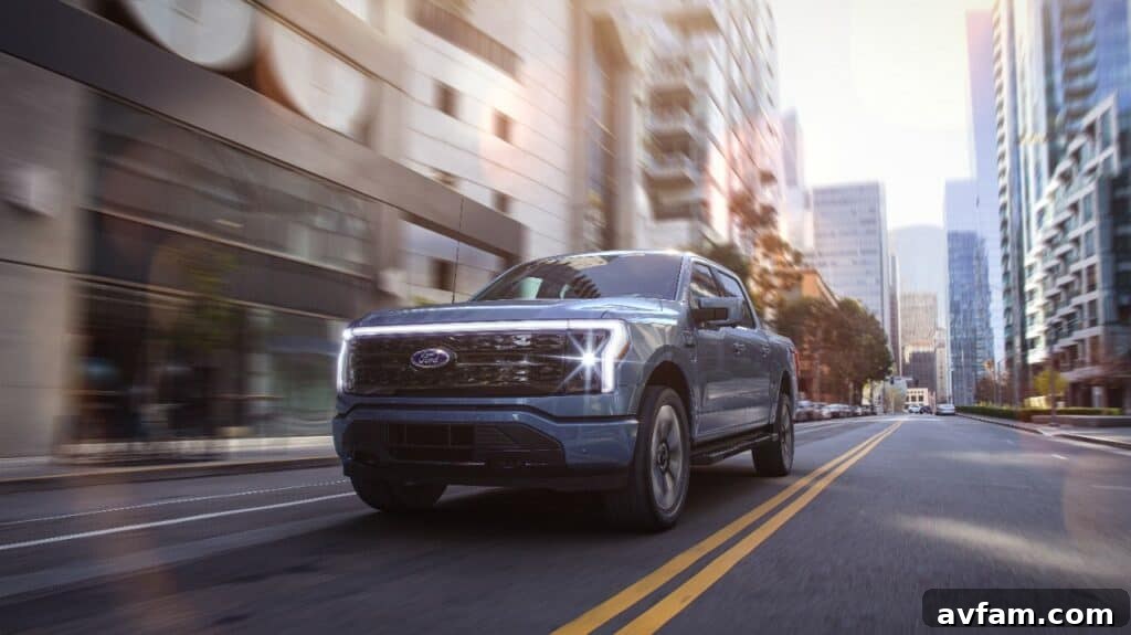Close-up of the Ford F-150 Lightning's exterior details, showing refinement.
