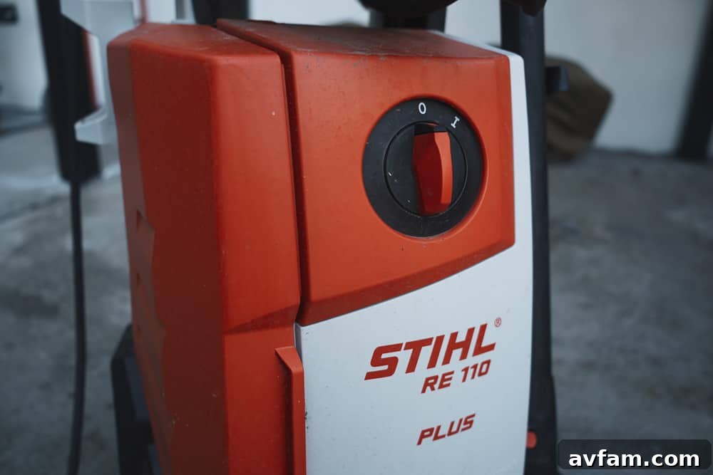 Close-up view of the STIHL RE 110 Plus, highlighting its robust construction and premium materials.
